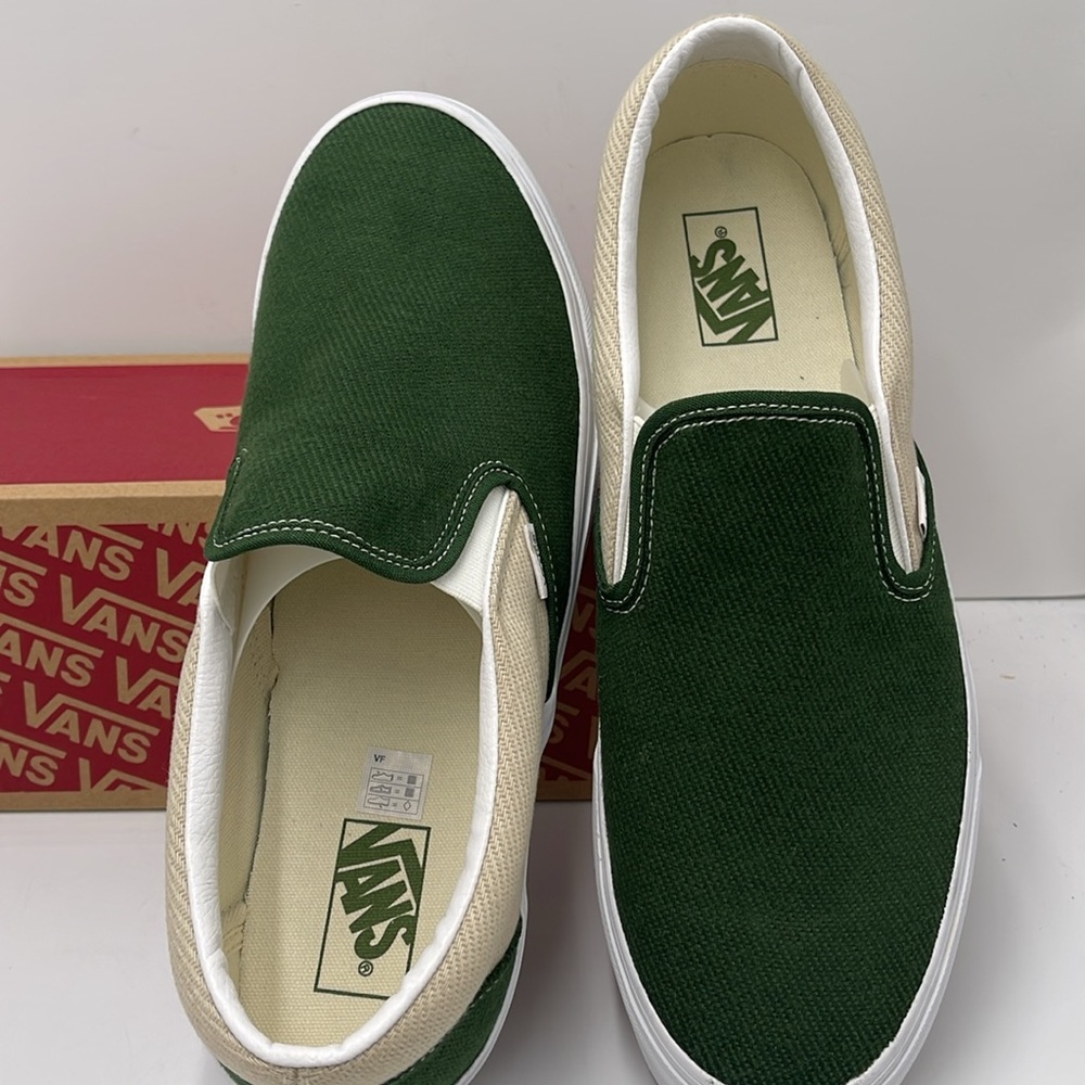 Vans Men’s Green and Cream Slip-On Sneakers 
Twill Turtledove/Green VN0A5JLXCOB - Picture 12 of 16
